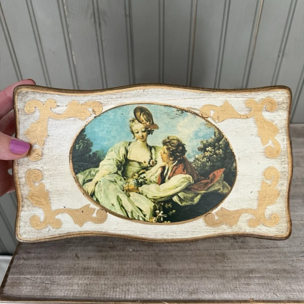 VINTAGE ITALIAN STYLE TOLE FLORENTINE WOOD JEWELRY MUSIC BOX - JAPAN